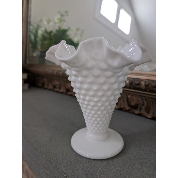 Fenton Other - Vintage Fenton Milk Glass Flower Vase Hobnail Pattern 5 3/4" Tall‎ Ruffled Rim